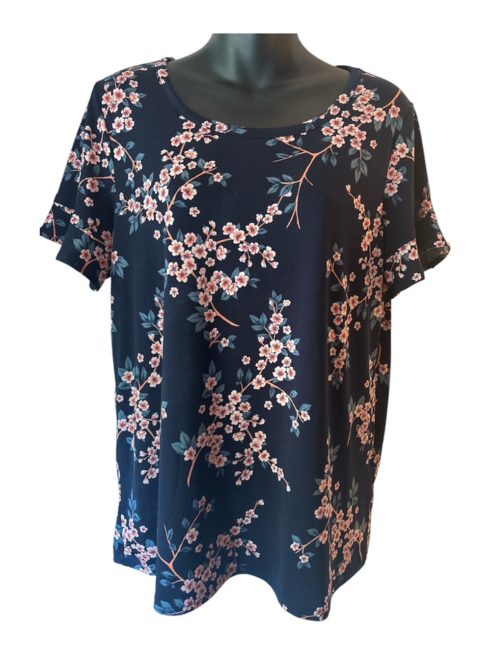 Banana Republic Navy Short-Sleeve Top with Pink Floral Print